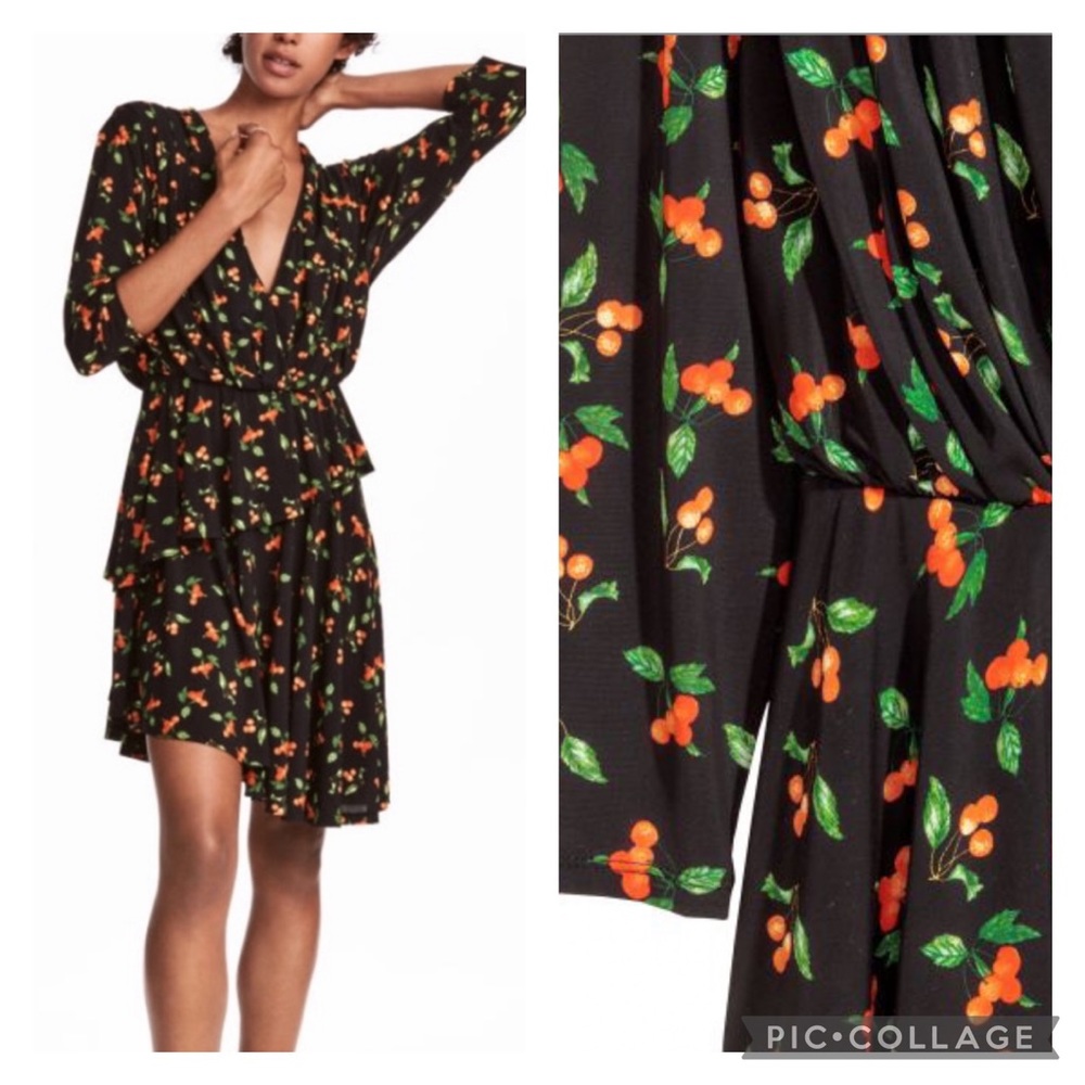 EUC H&M V Neck Black Cherries  Printed Asymmetric V Neck Dress